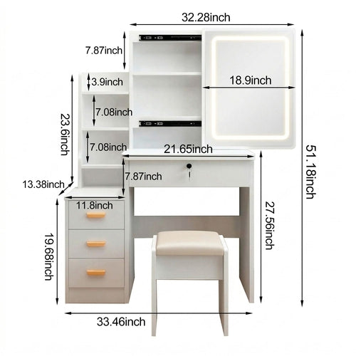 Makeup Vanity Desk with LED Lighted Mirror and Makeup Stool & 4