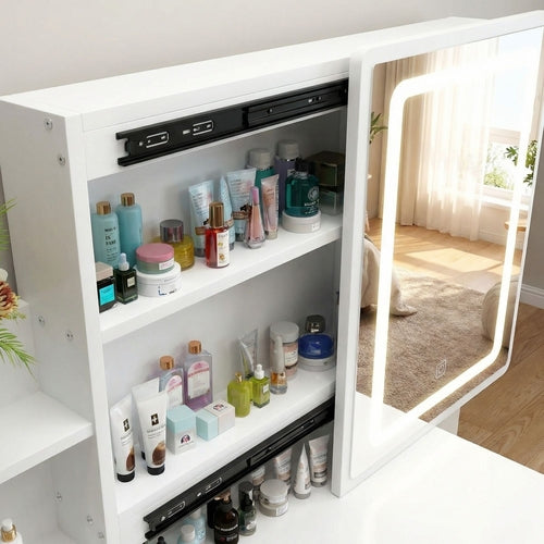 Makeup Vanity Desk with LED Lighted Mirror and Makeup Stool & 4