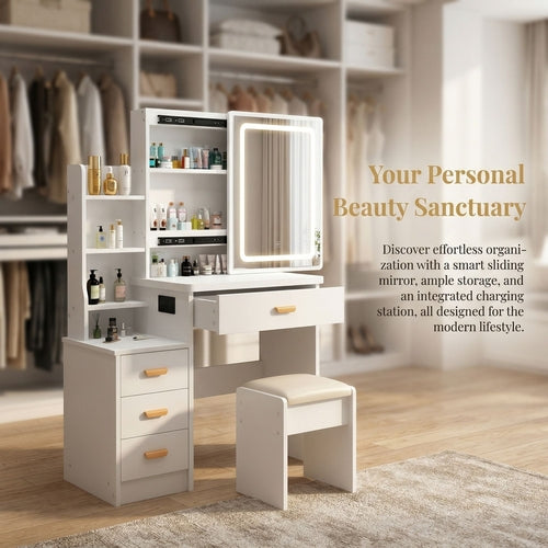 Makeup Vanity Desk with LED Lighted Mirror and Makeup Stool & 4