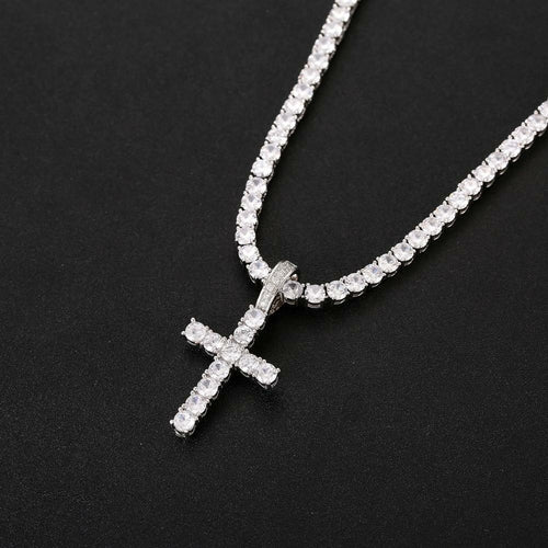 Iced Out Zircon Cross Pendant With 4mm Tennis Chain Necklace Set Men's